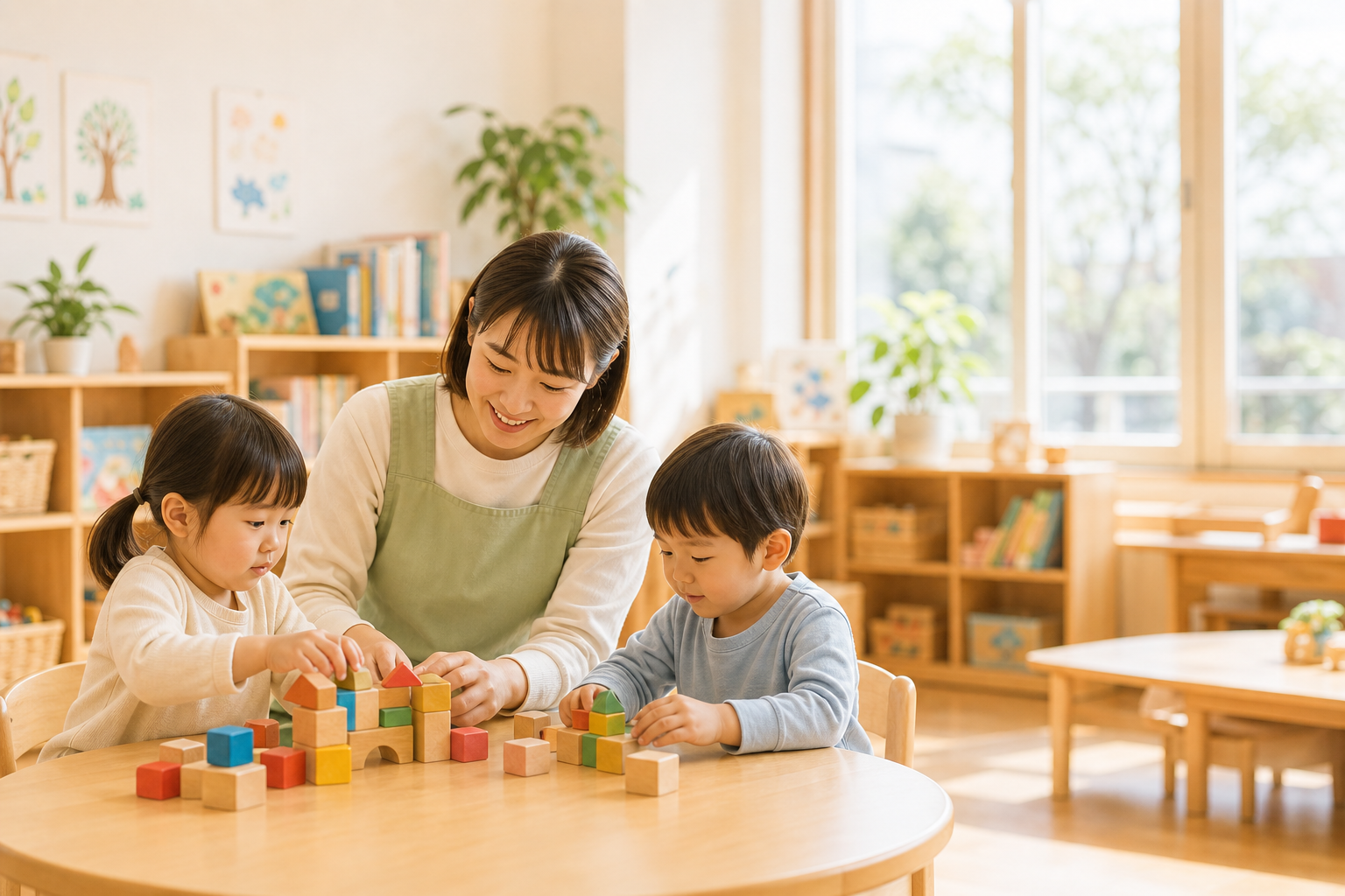 保育室で先生と子どもたちが積み木で遊んでいる様子