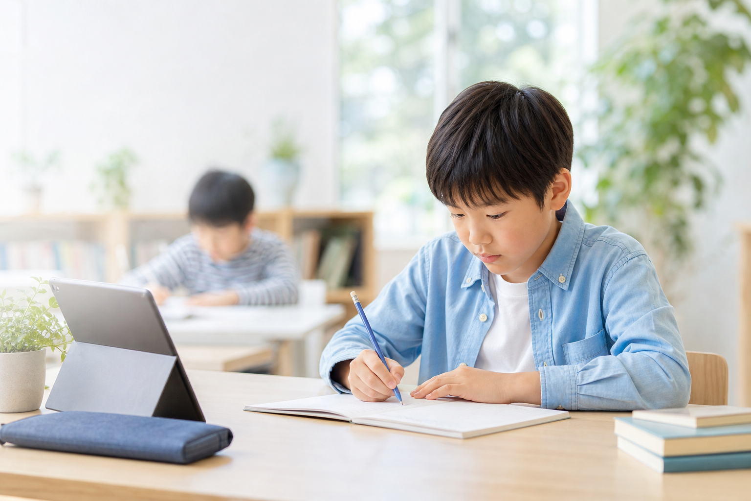 子どもが明るい学習室でノートに書いて学んでいる様子