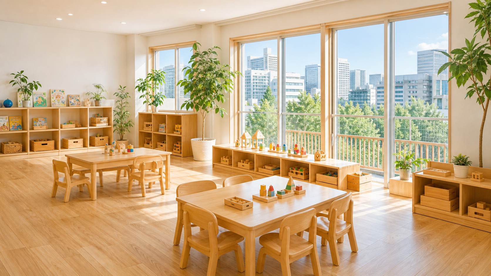 大きな窓がある明るい保育施設の室内