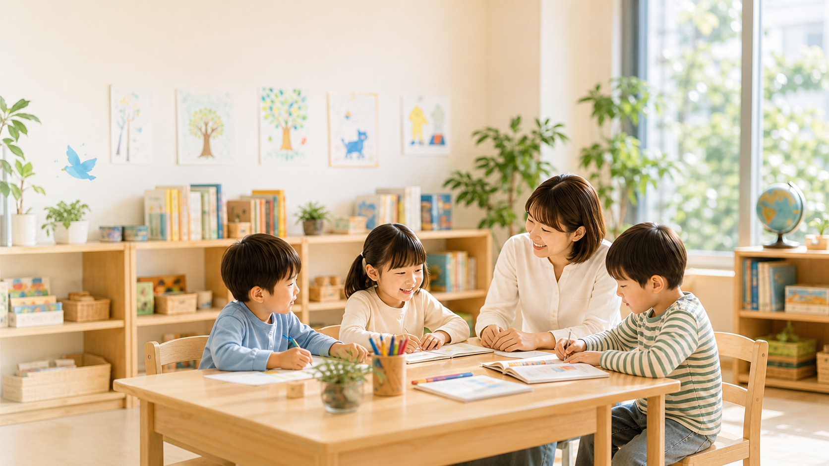 明るい保育室で先生と子どもたちが机を囲んで学んでいる様子