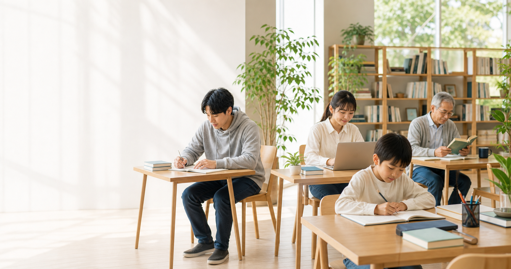 明るい学習室で子どもからシニアまで幅広い世代が学んでいる様子