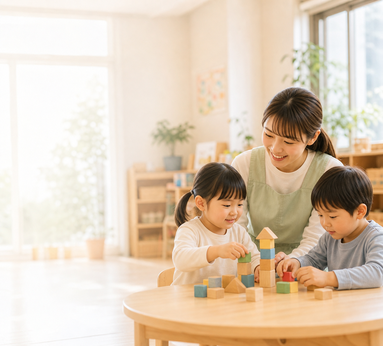 保育室で先生と子どもたちが積み木で遊んでいる様子
