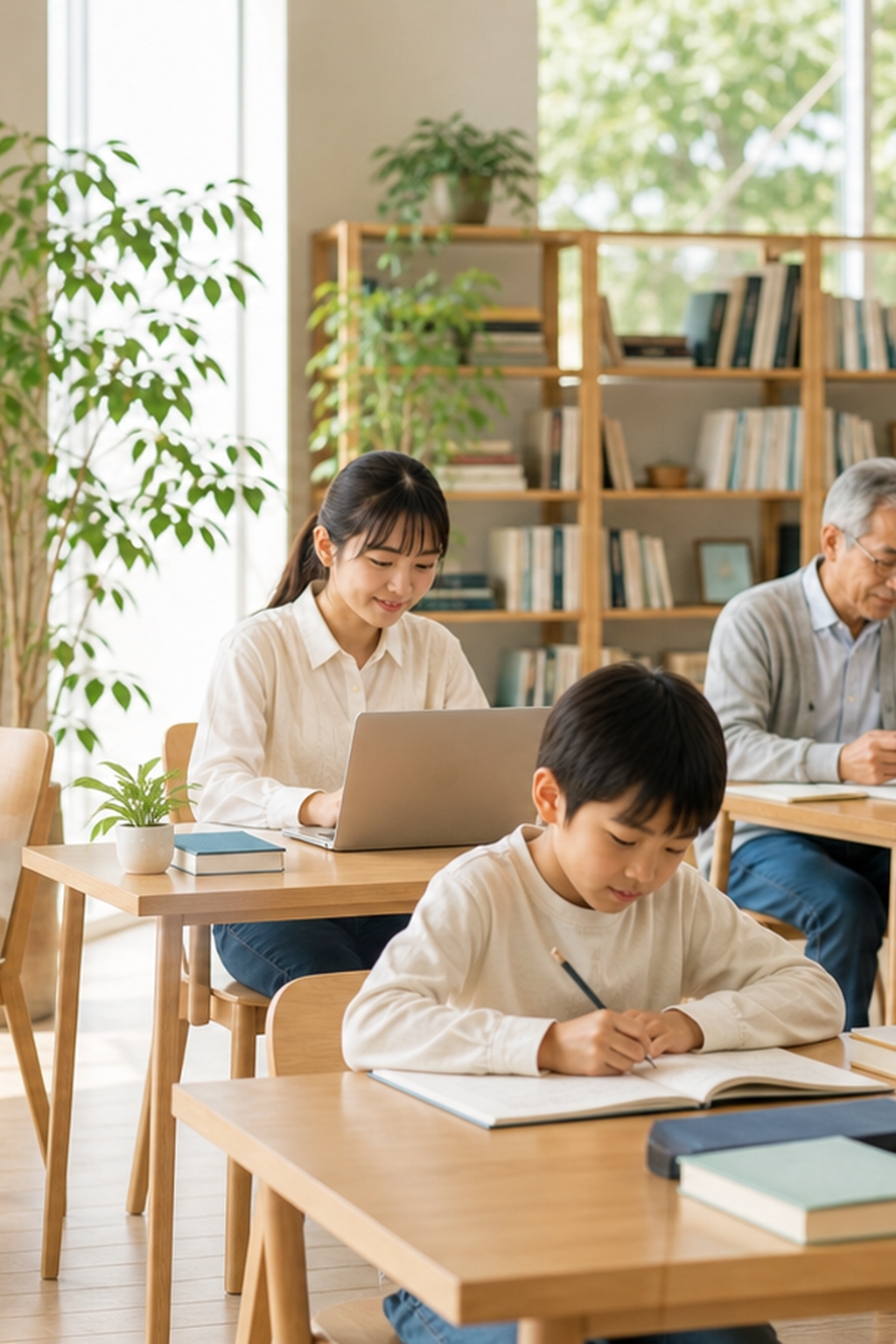 明るい学習室で子どもからシニアまで幅広い世代が学んでいる様子